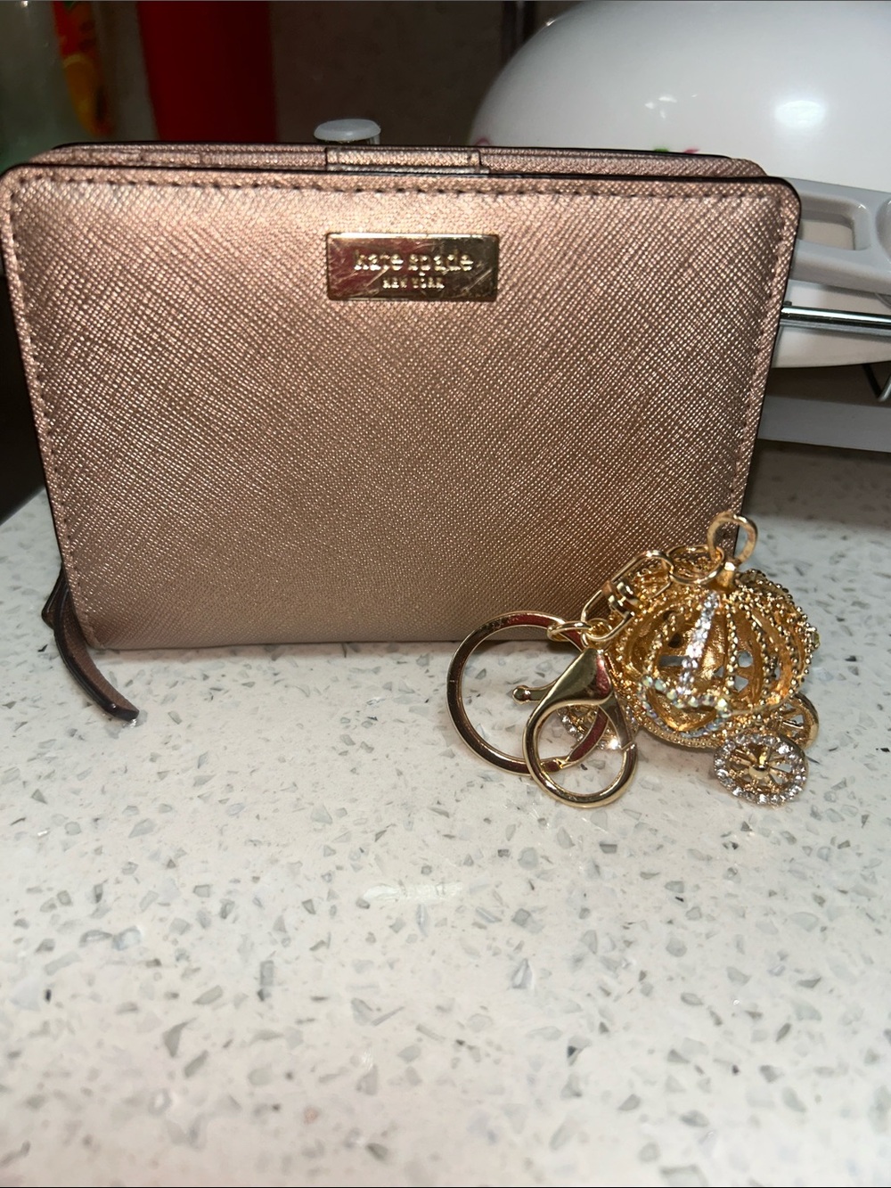kate spade Rose Gold Compact Wallet with Gold Crown Keychain